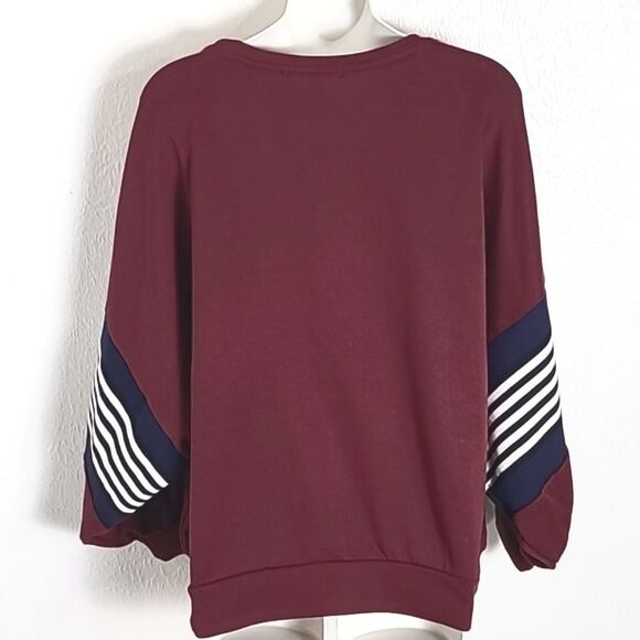 Say What? Maroon Oversized Sweatshirt Navy Blue/White Stripe Balloon Sleeves XL - Picture 5 of 7